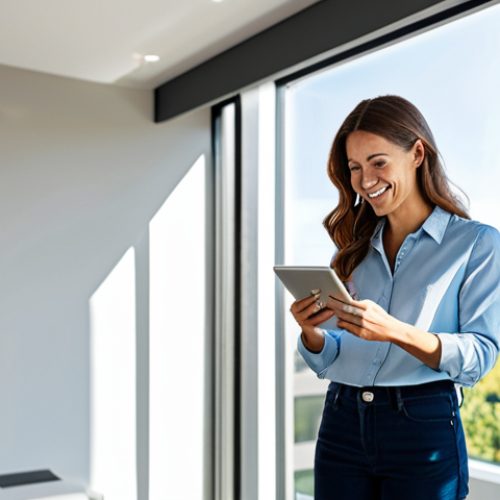 Home 11 A professional, smiling woman in modest, contemporary business casual clothing is adjusting smart home controls on a tablet in a modern, sunlit living room. Through a large window, a glimpse of a residential rooftop with subtle solar panels is visible. The scene emphasizes comfort and energy efficiency. safe for work, appropriate content, fully clothed, family-friendly, perfect anatomy, correct proportions, natural pose, well-formed hands, proper finger count, natural body proportions, professional photography, high quality.