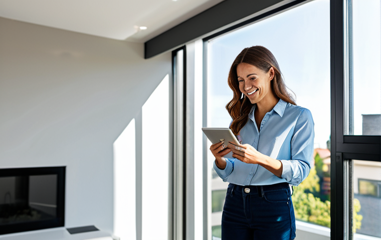 A professional, smiling woman in modest, contemporary business casual clothing is adjusting smart home controls on a tablet in a modern, sunlit living room. Through a large window, a glimpse of a residential rooftop with subtle solar panels is visible. The scene emphasizes comfort and energy efficiency. safe for work, appropriate content, fully clothed, family-friendly, perfect anatomy, correct proportions, natural pose, well-formed hands, proper finger count, natural body proportions, professional photography, high quality.